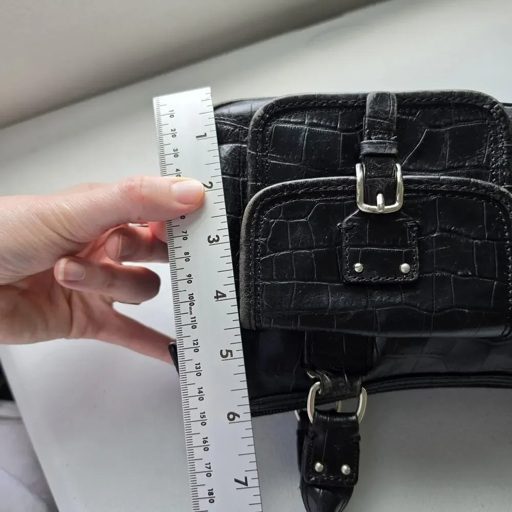 Fossil Shoulder Bag Womens Small Black Croc Embossed Leather Zip Purse Handbag